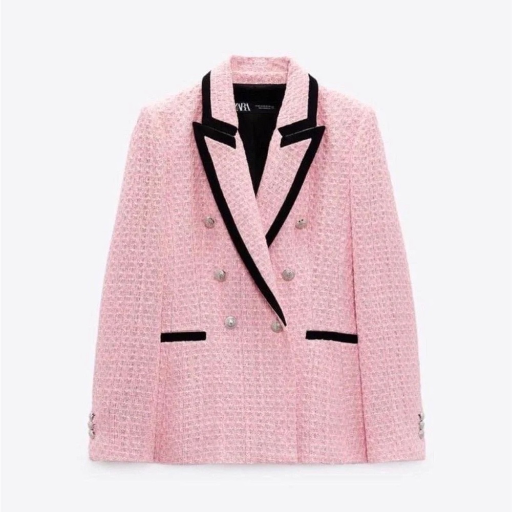 Zara Pink Textured Blazer with Black Trim